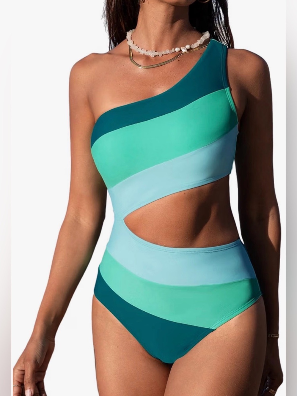Cupshe Teal & Aqua One-Shoulder Colorblock Cutout Swimsuit
